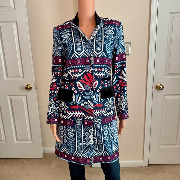 Bohemian Velvet Trim Long Blazer Tribal Print Native Indie Colorful Floryday Med - Picture 6 of 9